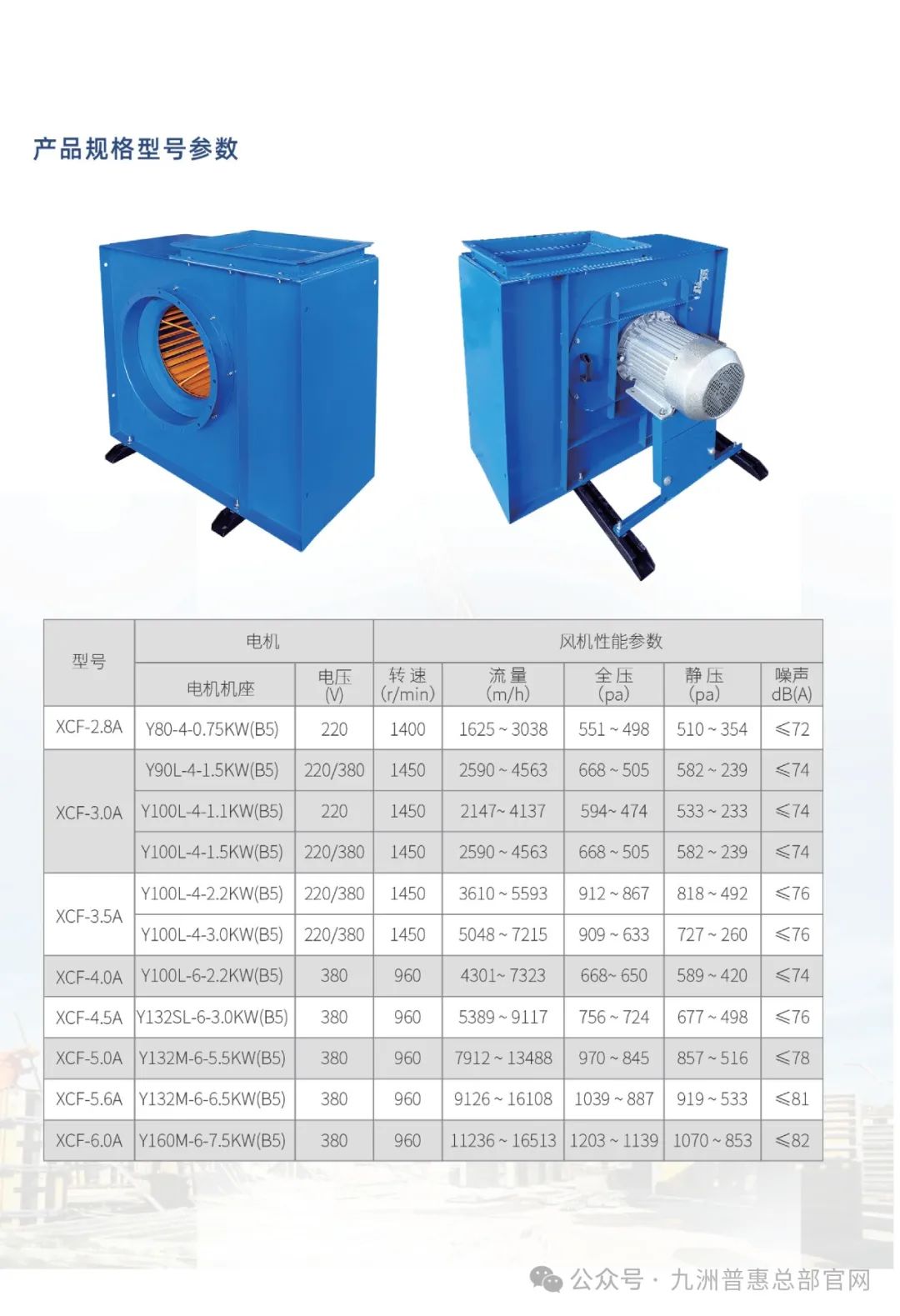 九洲普惠XCF系列(加棉型)多翼式離心通風(fēng)機(jī)型號(hào)參數(shù)